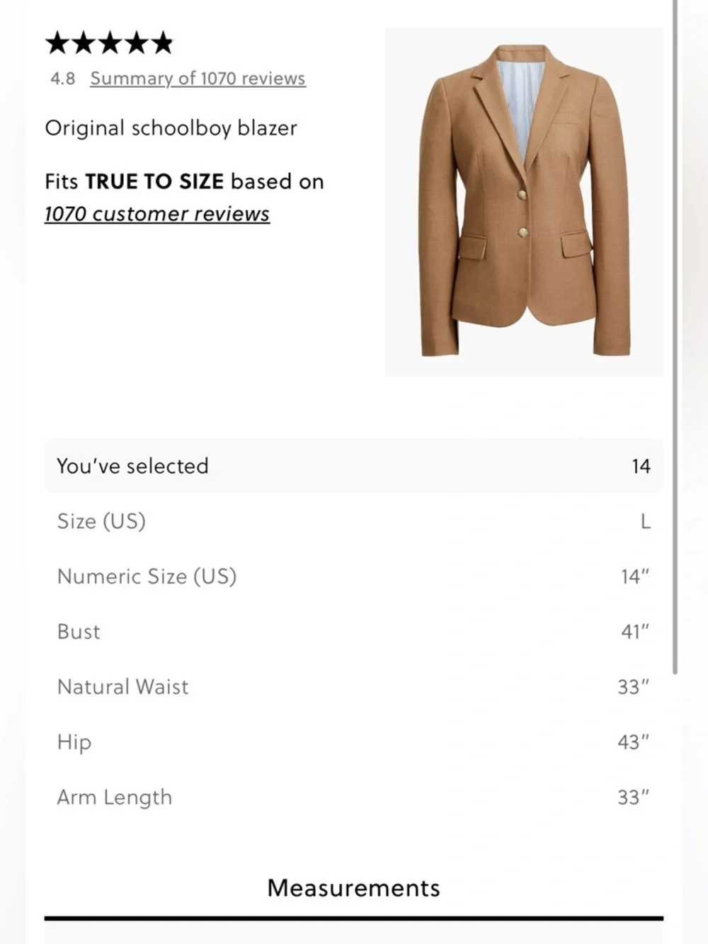 J.Crew Original Schoolboy Tailored Wool Blazer - Camel-Size 14 Career Preppy - Picture 4 of 9